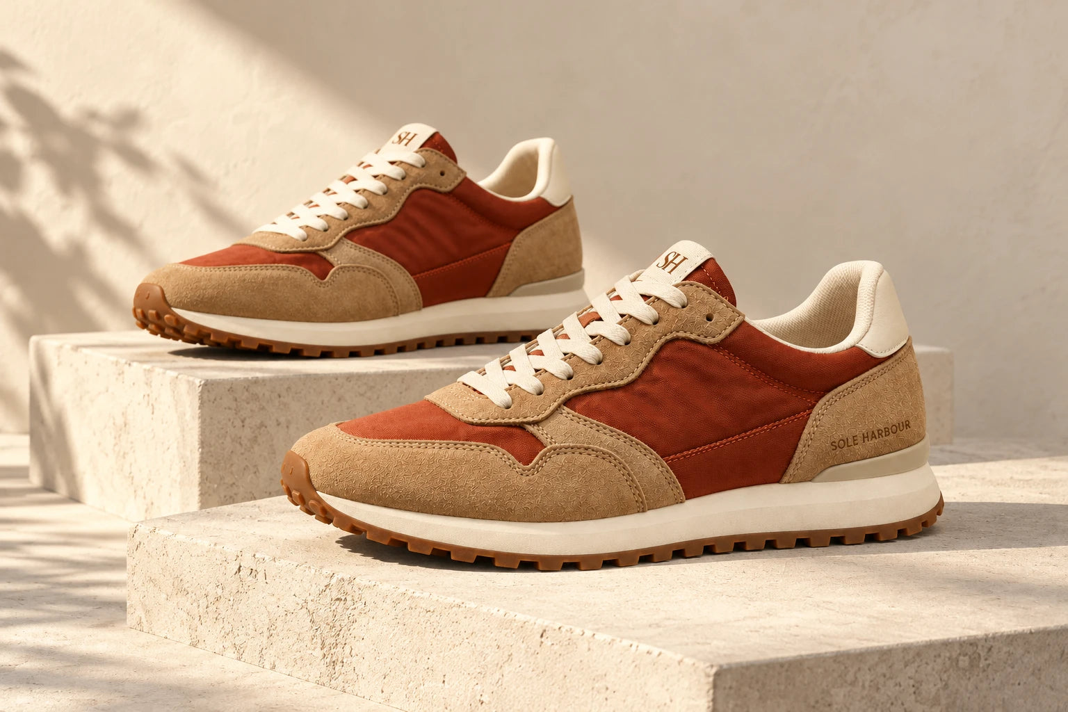 Sole Harbour Rewind 01 tan and rust sneakers on warm concrete plinths